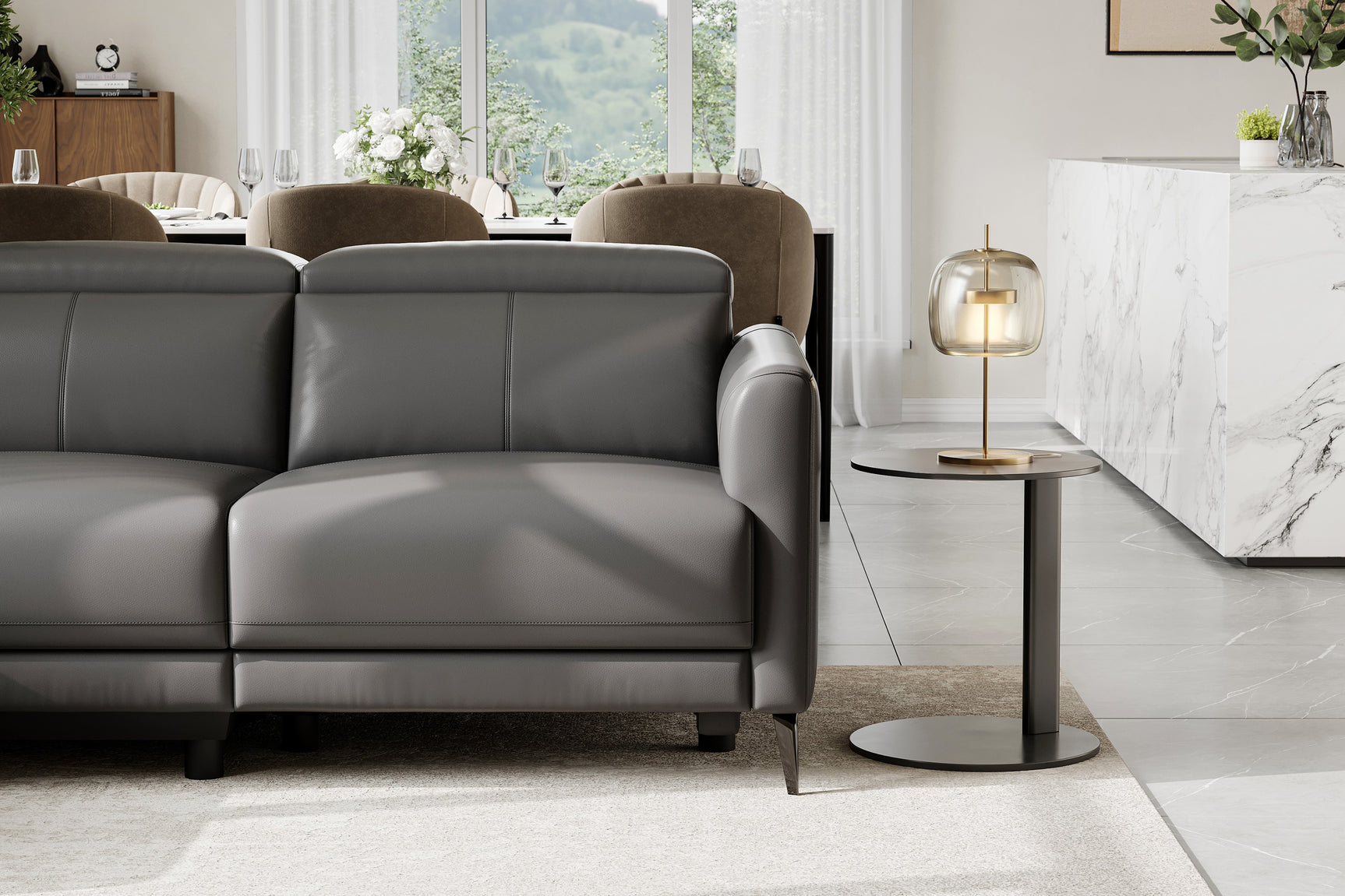 Valencia Andria Modern Left Hand Facing Top Grain Leather Reclining Sectional, Grey