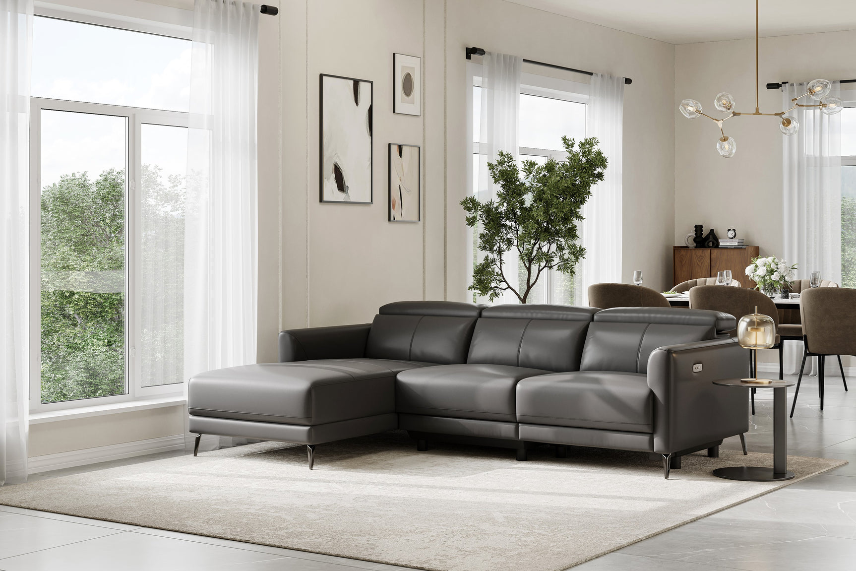 Valencia Andria Modern Left Hand Facing Top Grain Leather Reclining Sectional, Grey