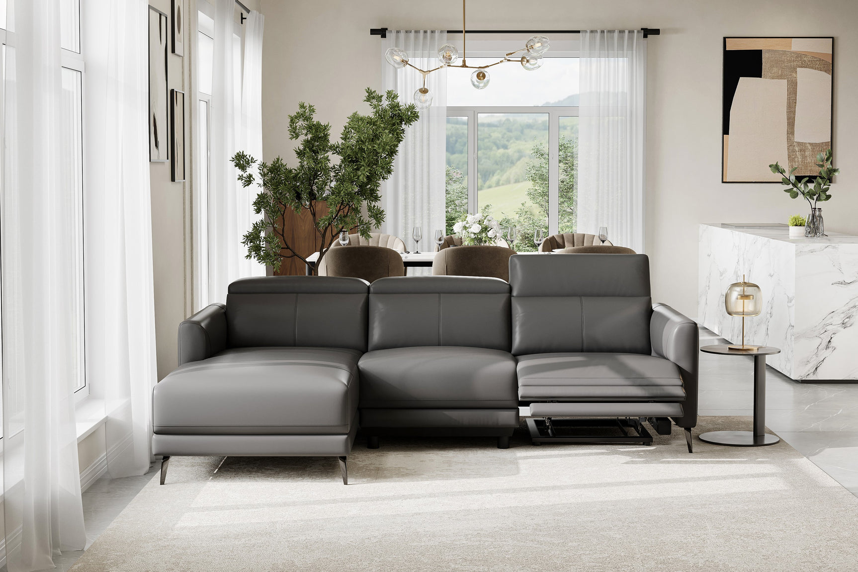 Valencia Andria Modern Left Hand Facing Top Grain Leather Reclining Sectional, Grey