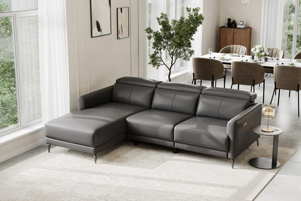 Valencia Andria Modern Left Hand Facing Top Grain Leather Reclining Sectional, Grey