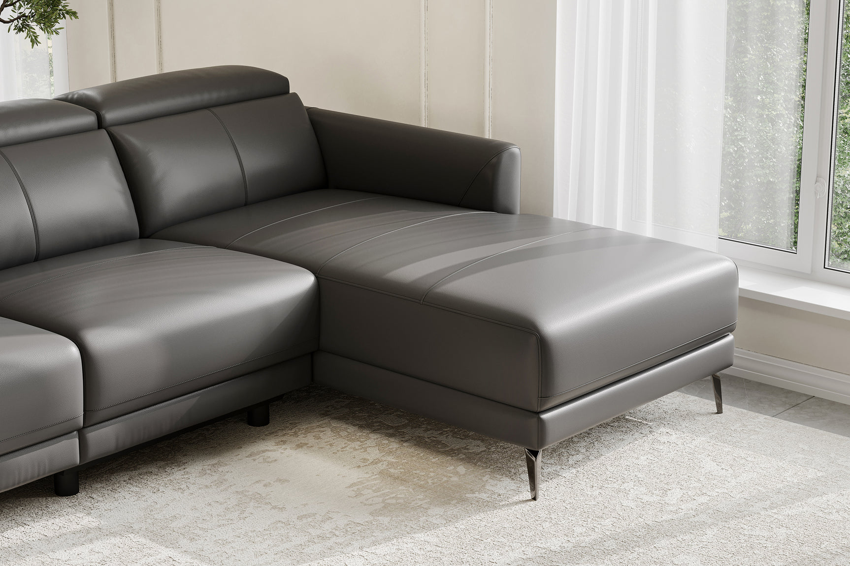 Valencia Andria Modern Right Hand Facing Top Grain Leather Reclining Sectional, Grey