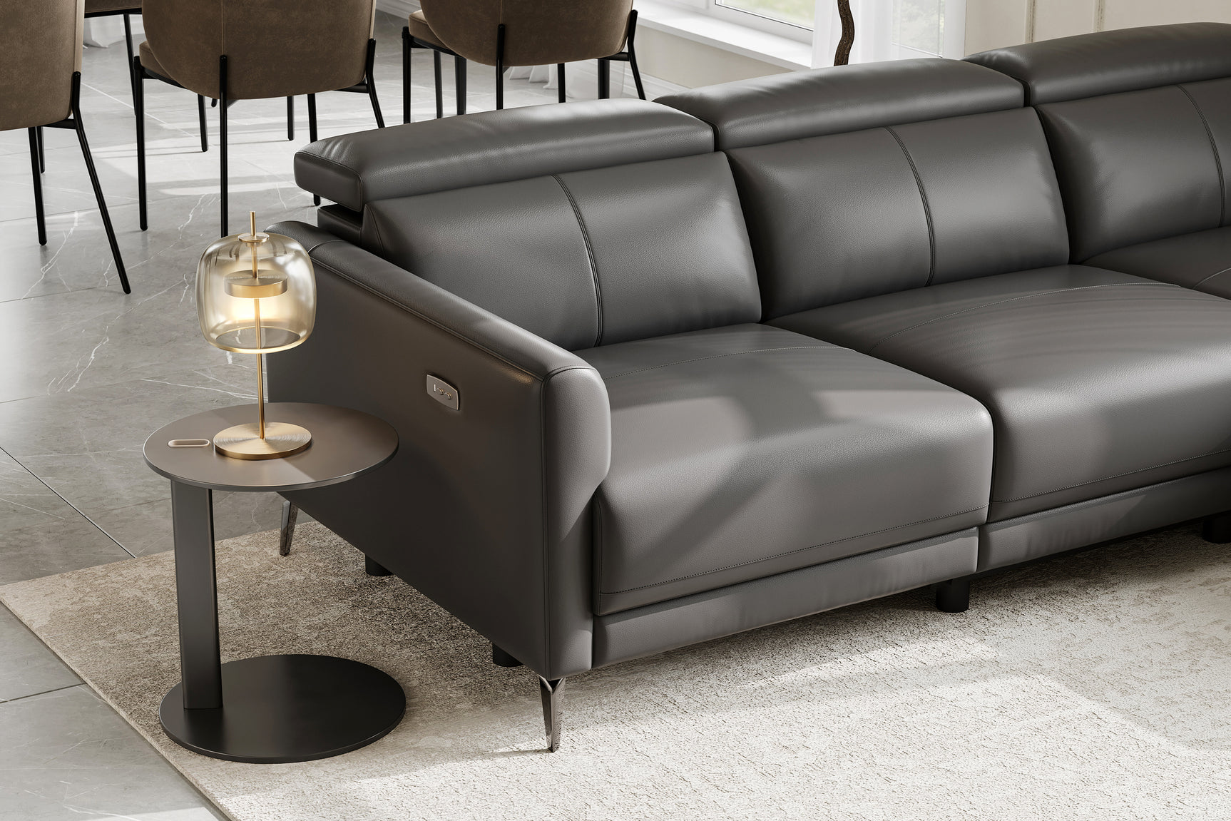 Valencia Andria Modern Right Hand Facing Top Grain Leather Reclining Sectional, Grey