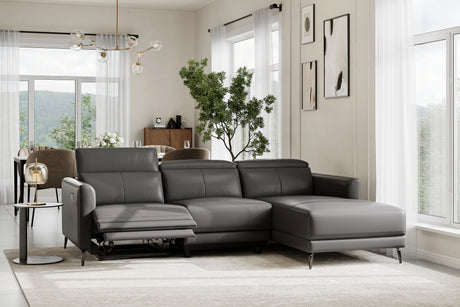 Valencia Andria Modern Right Hand Facing Top Grain Leather Reclining Sectional, Grey