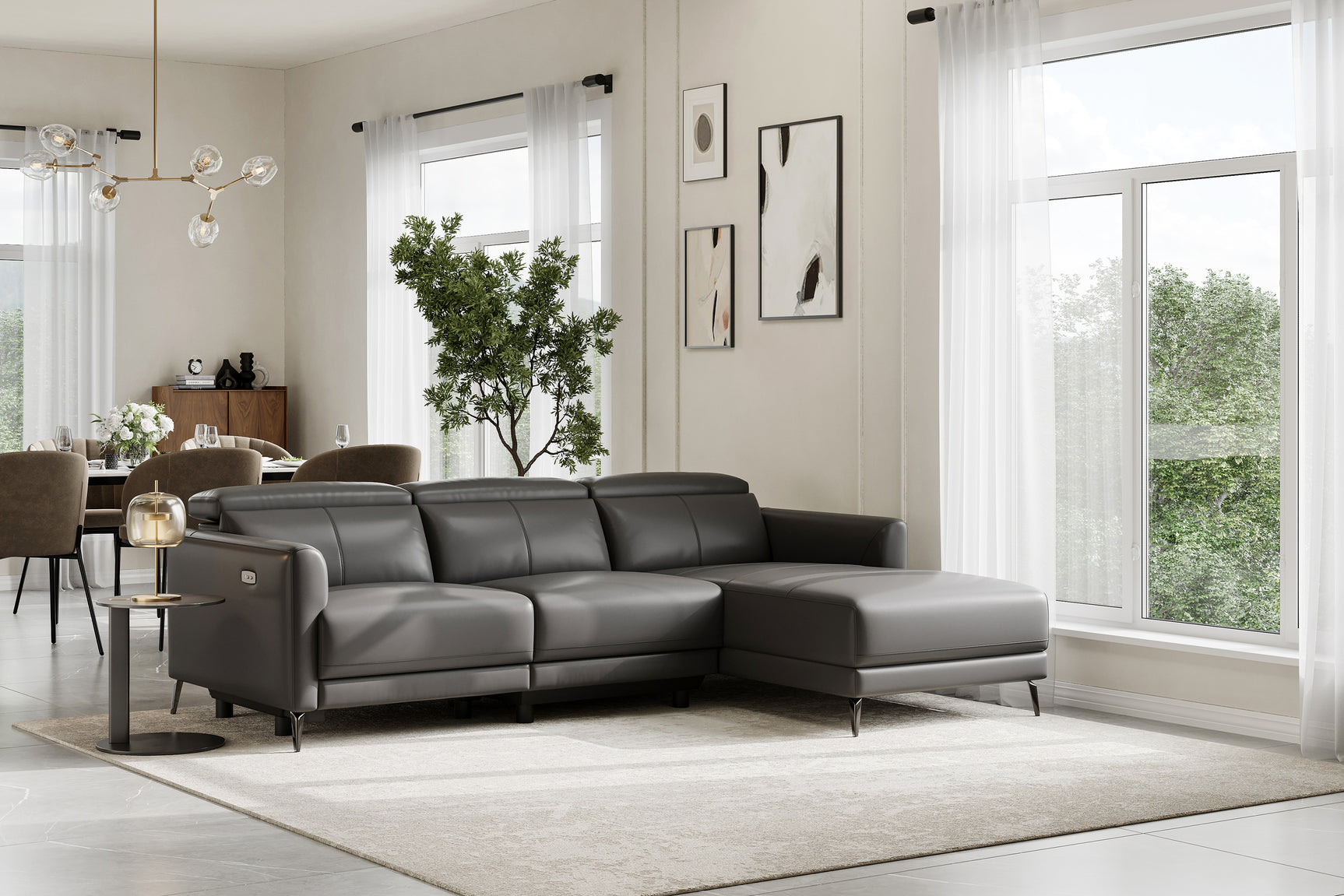 Valencia Andria Modern Right Hand Facing Top Grain Leather Reclining Sectional, Grey