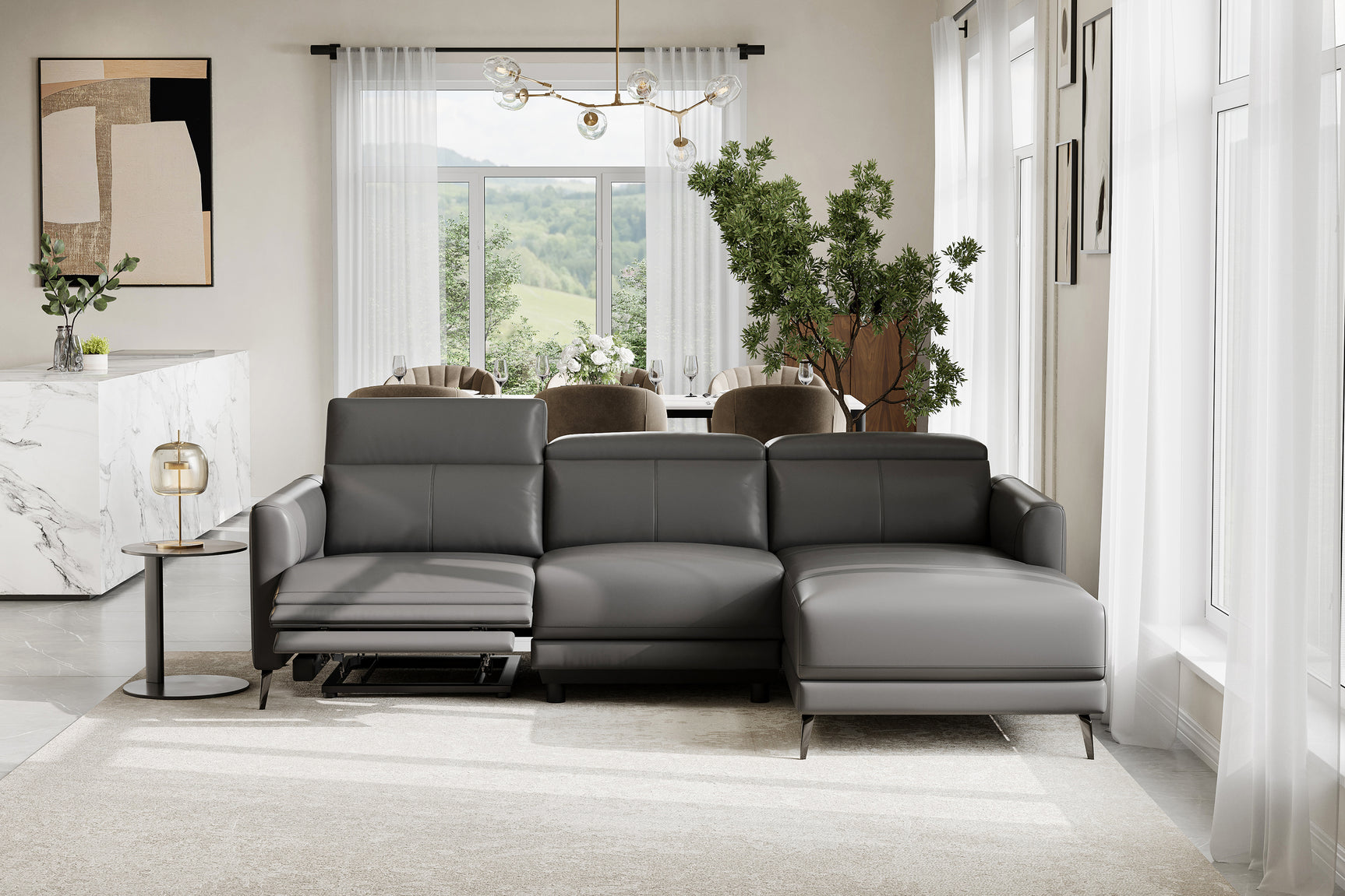 Valencia Andria Modern Right Hand Facing Top Grain Leather Reclining Sectional, Grey