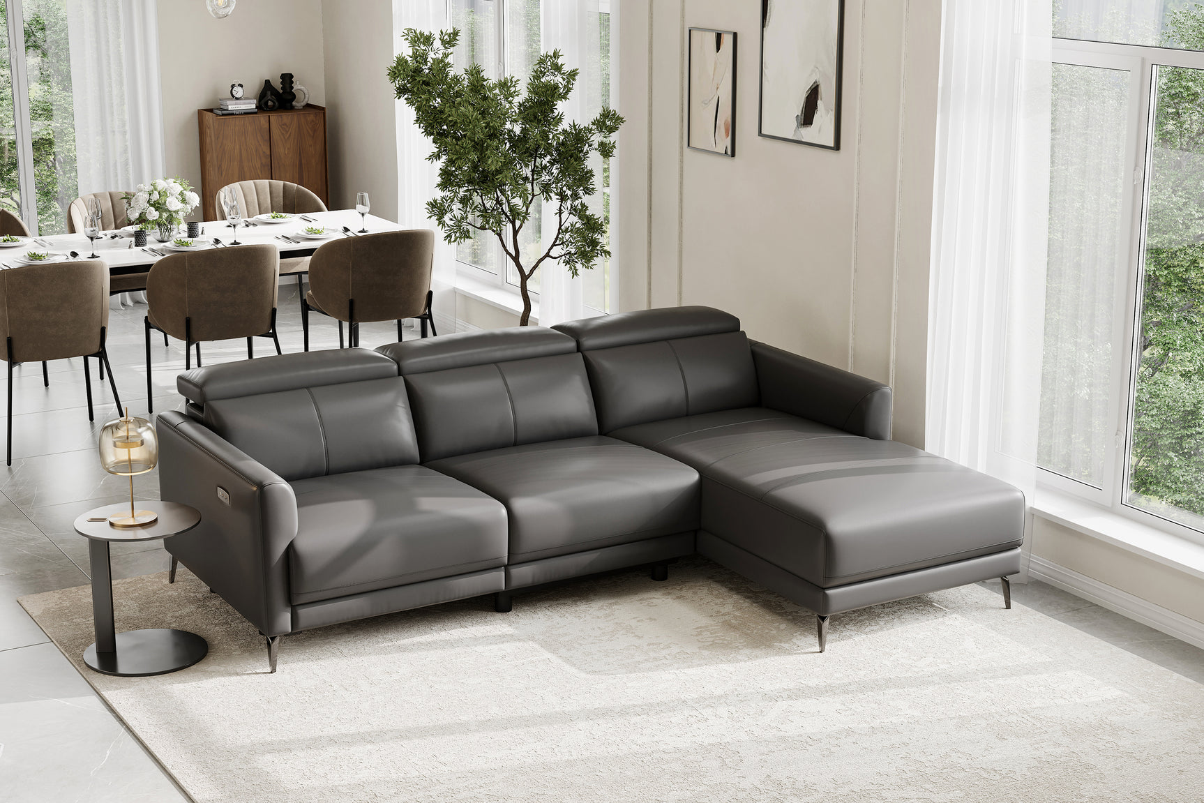 Valencia Andria Modern Right Hand Facing Top Grain Leather Reclining Sectional, Grey