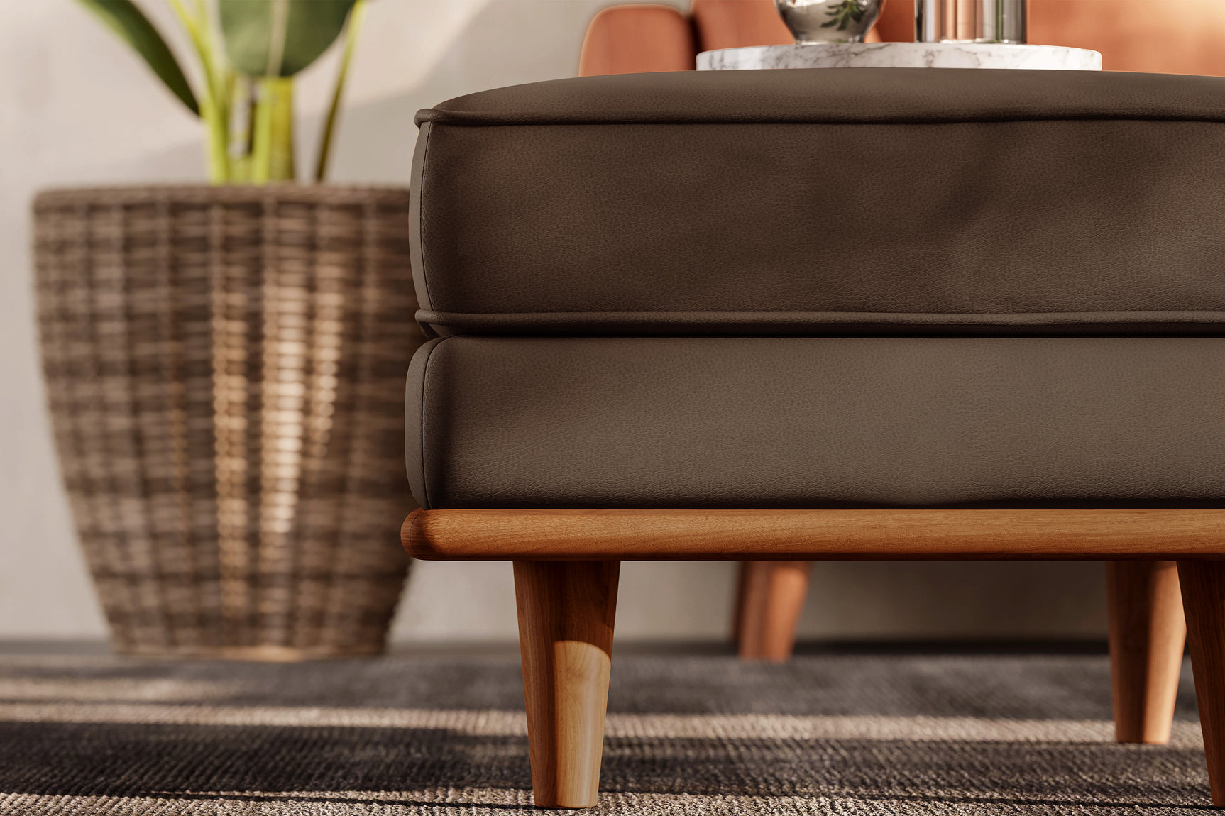 Valencia Artisan Top Grain Leather Ottoman, Chocolate Color