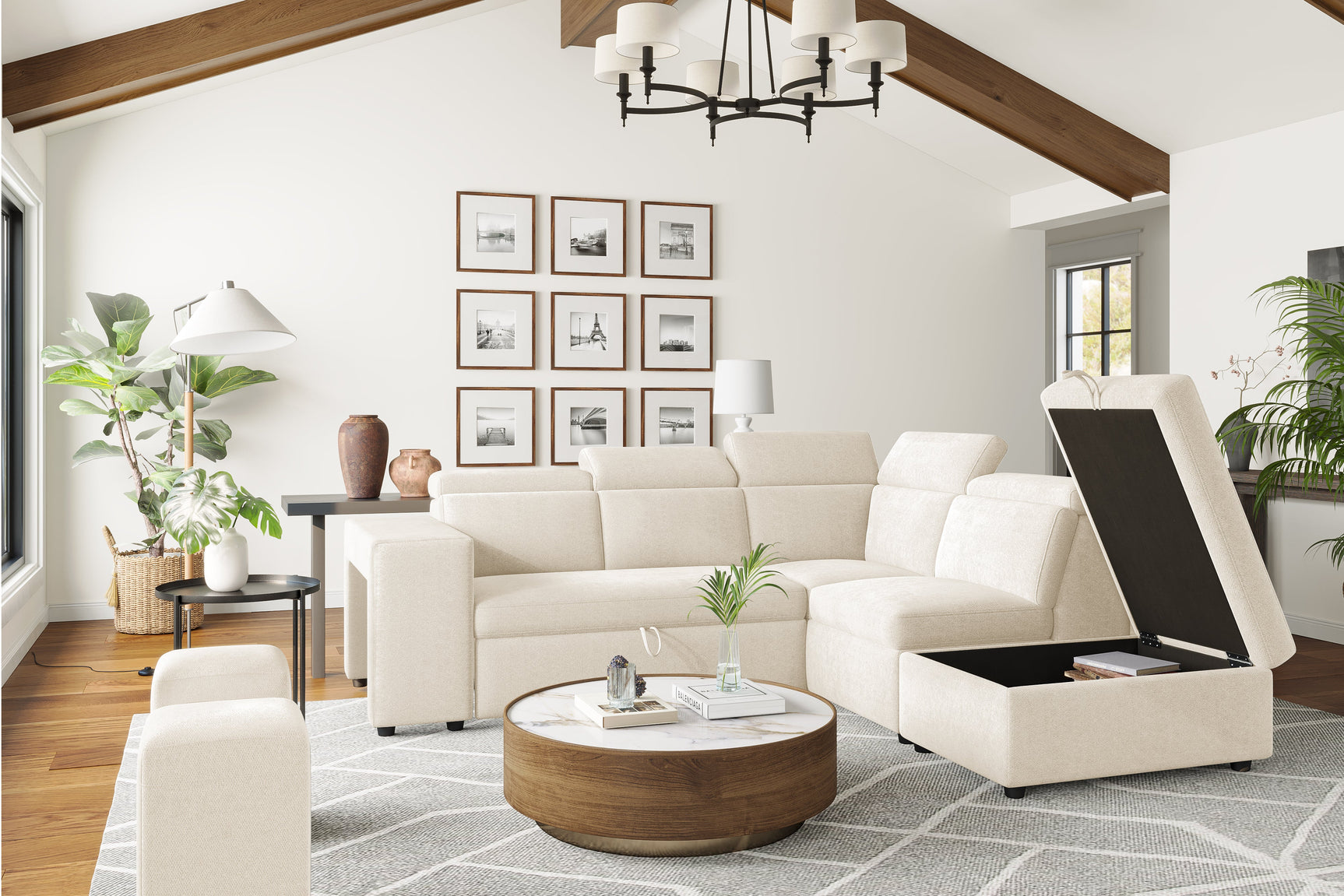 Valencia Finn Fabric Sectional Sofa Bed with Right Hand Storage, Beige Color