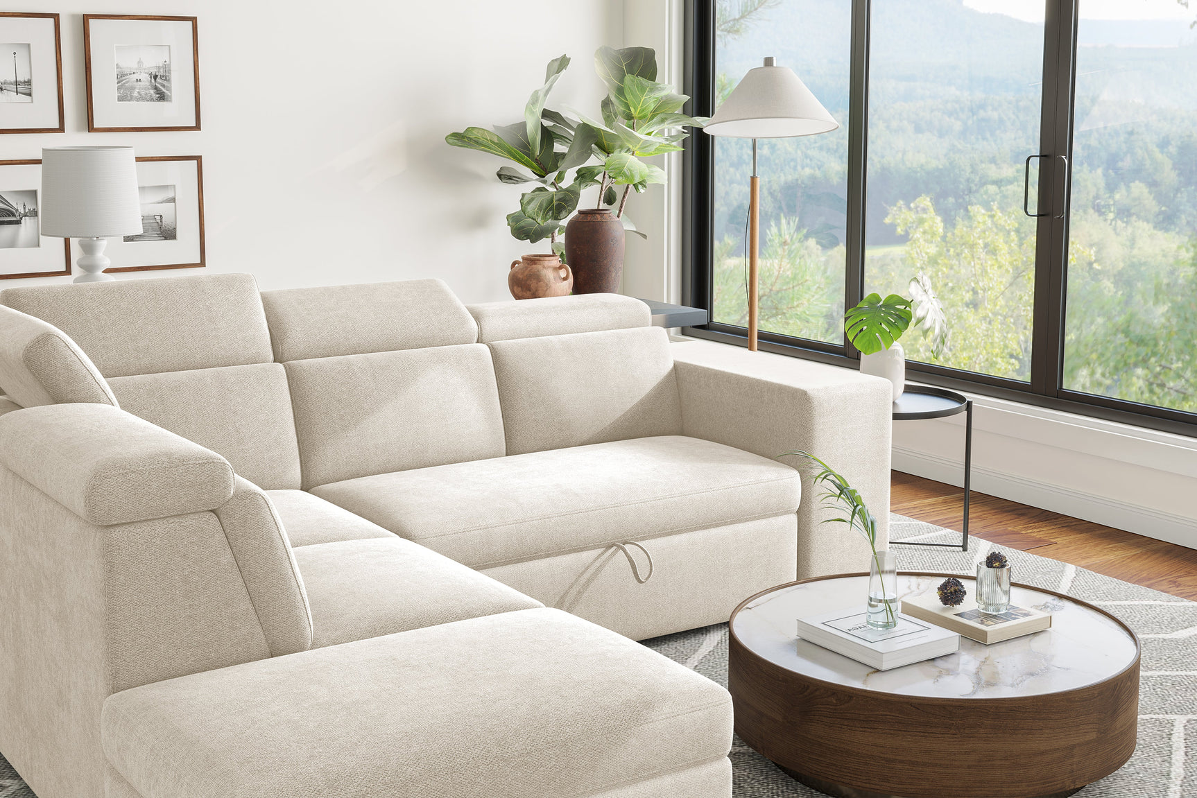 Valencia Finn Fabric Sectional Sofa Bed with Left Hand Storage, Beige Color