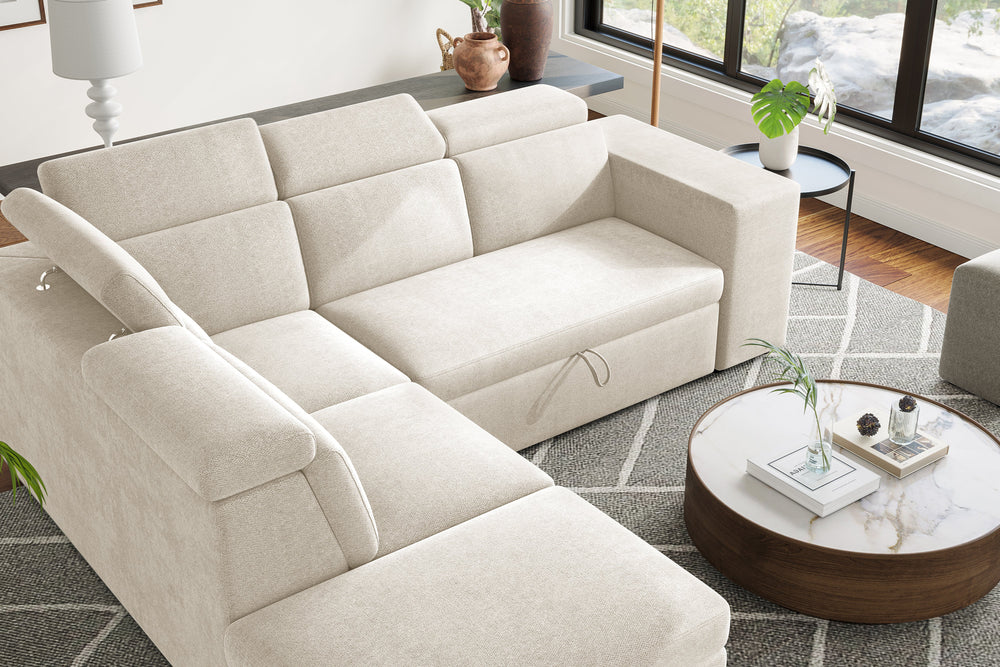 Valencia Finn Fabric Sectional Sofa Bed with Left Hand Storage, Beige Color