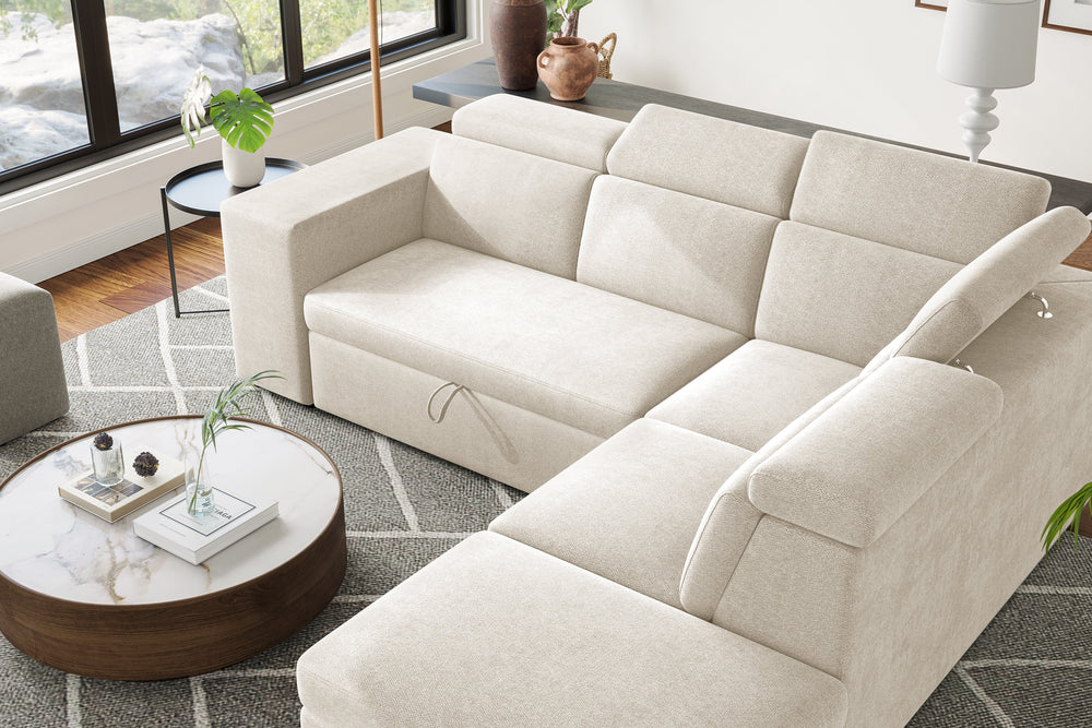 Valencia Finn Fabric Sectional Sofa Bed with Right Hand Storage, Beige Color