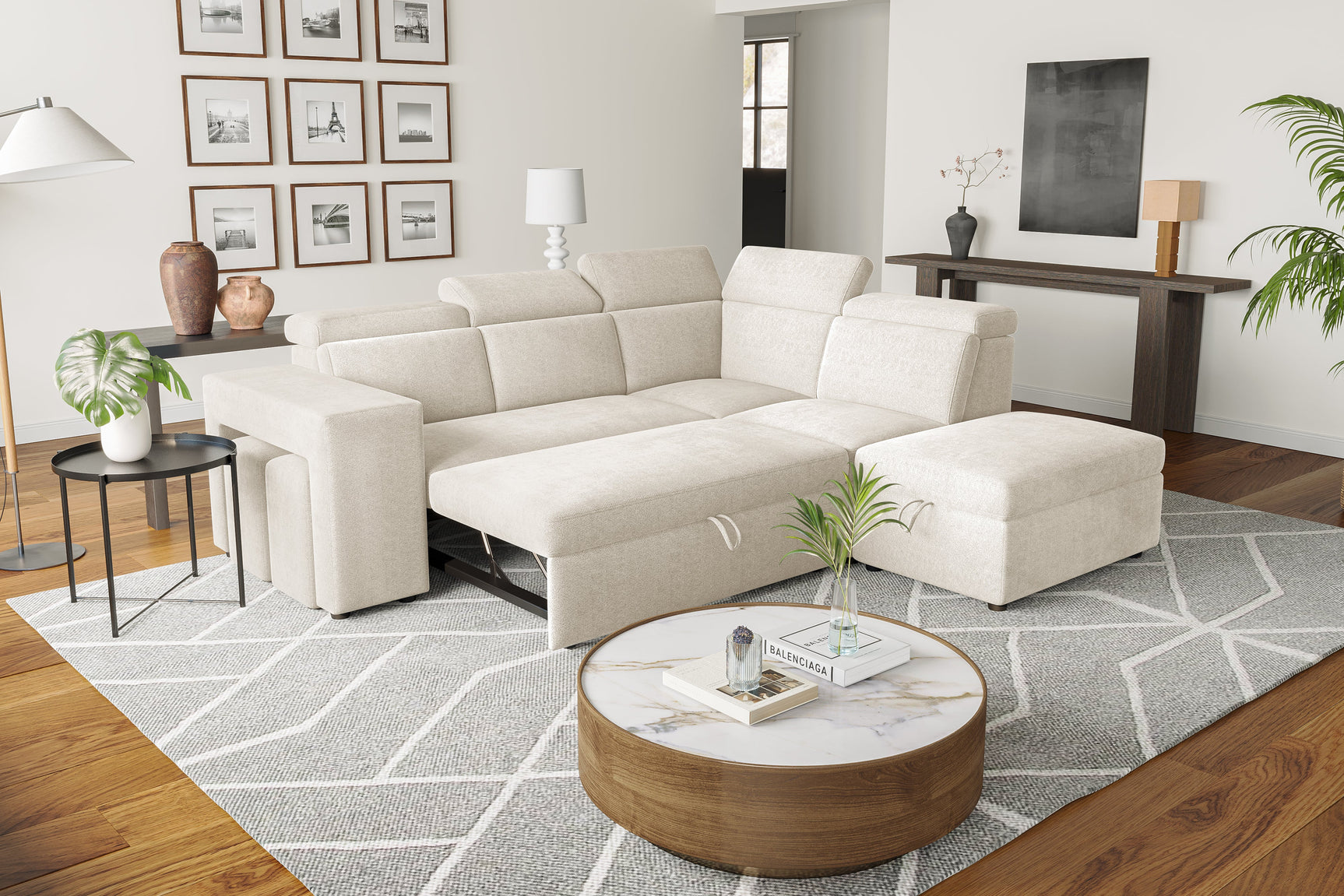 Valencia Finn Fabric Sectional Sofa Bed with Right Hand Storage, Beige Color