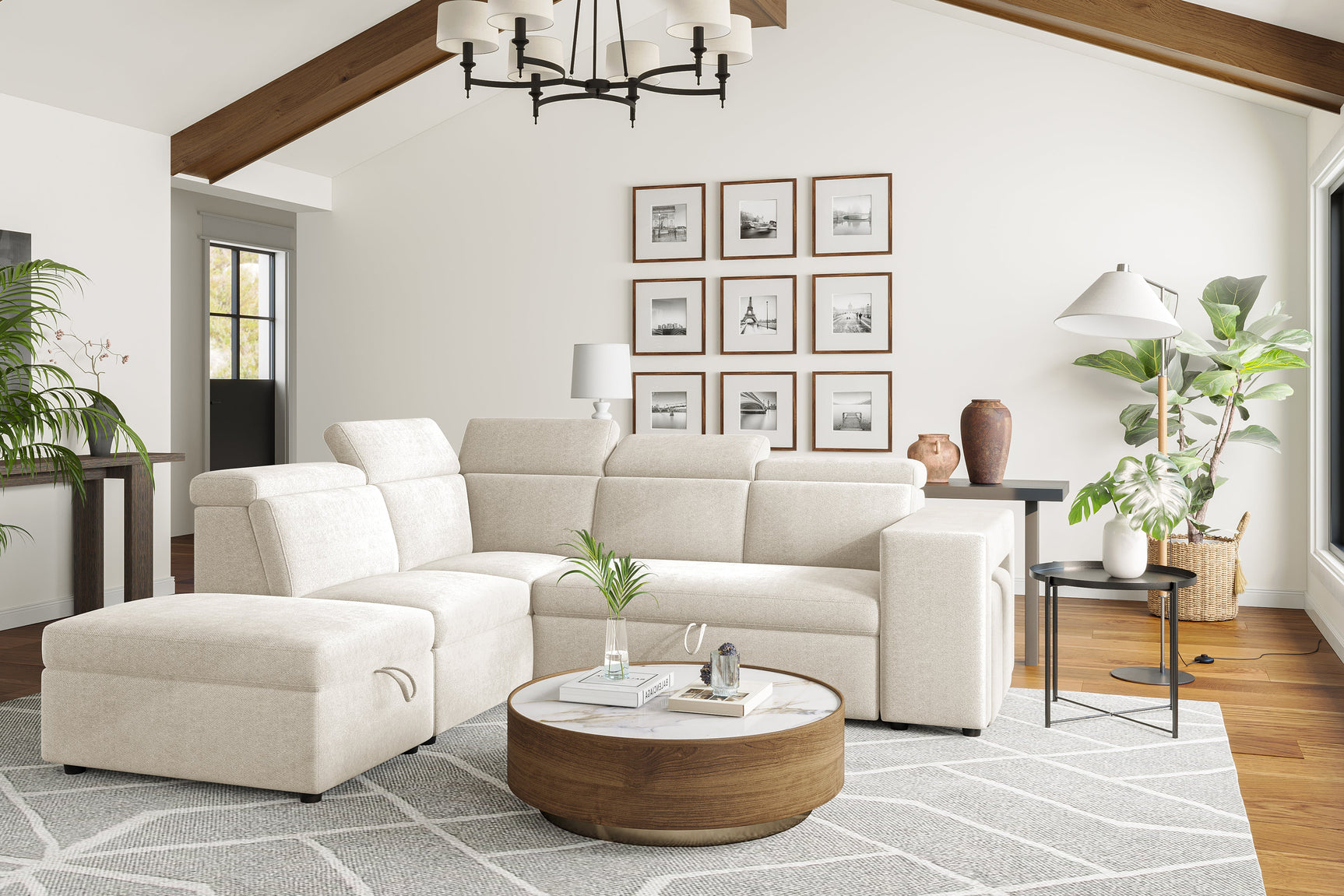 Valencia Finn Fabric Sectional Sofa Bed with Left Hand Storage, Beige Color