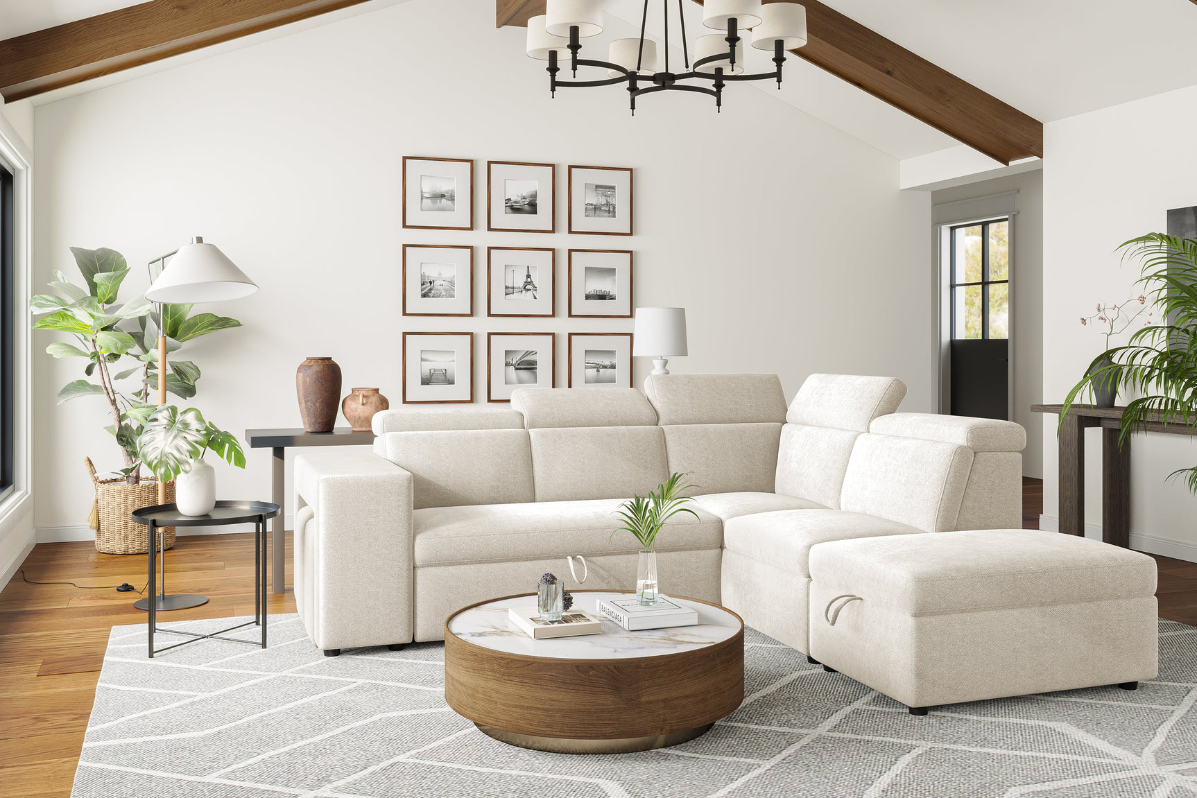 Valencia Finn Fabric Sectional Sofa Bed with Right Hand Storage, Beige Color