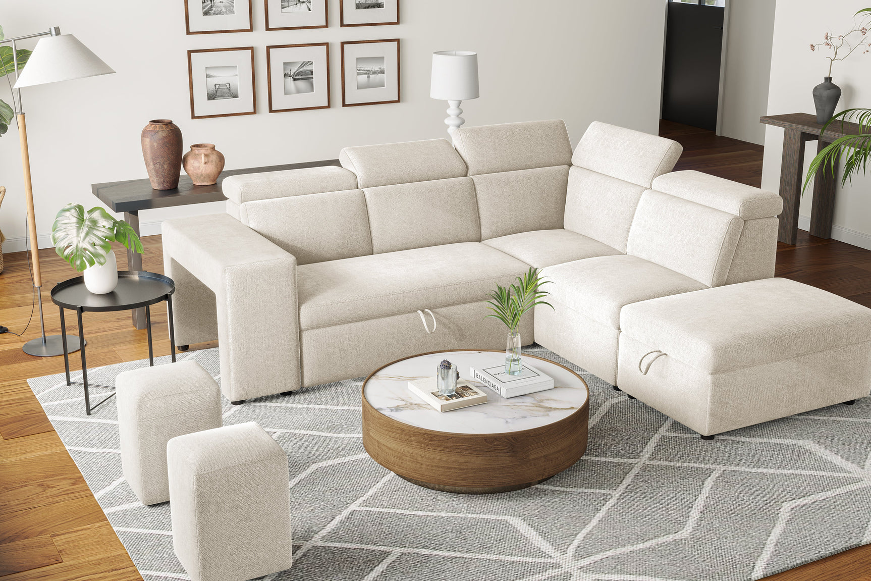 Valencia Finn Fabric Sectional Sofa Bed with Right Hand Storage, Beige Color