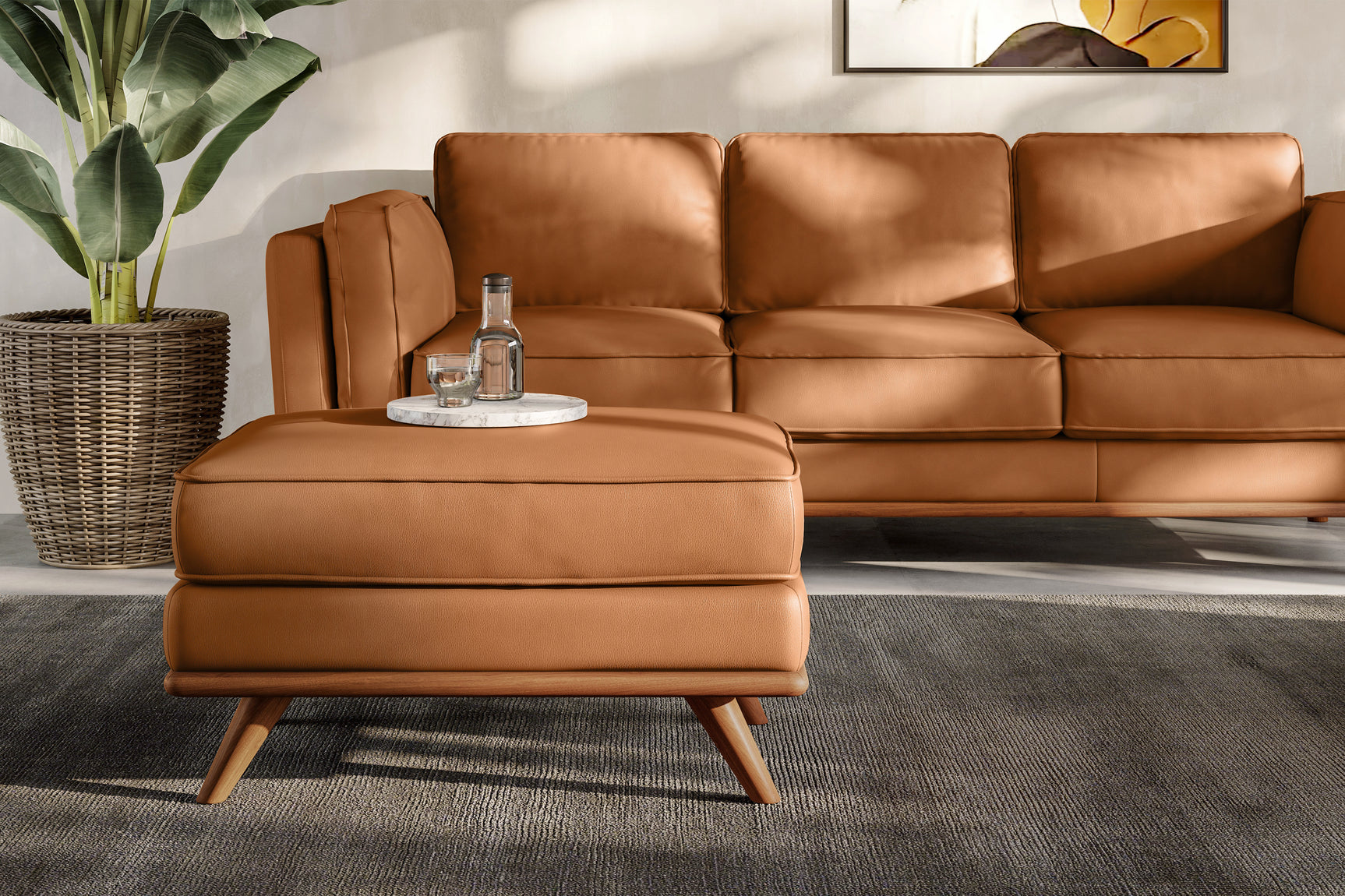 Valencia Artisan Top Grain Leather Ottoman, Cognac Color