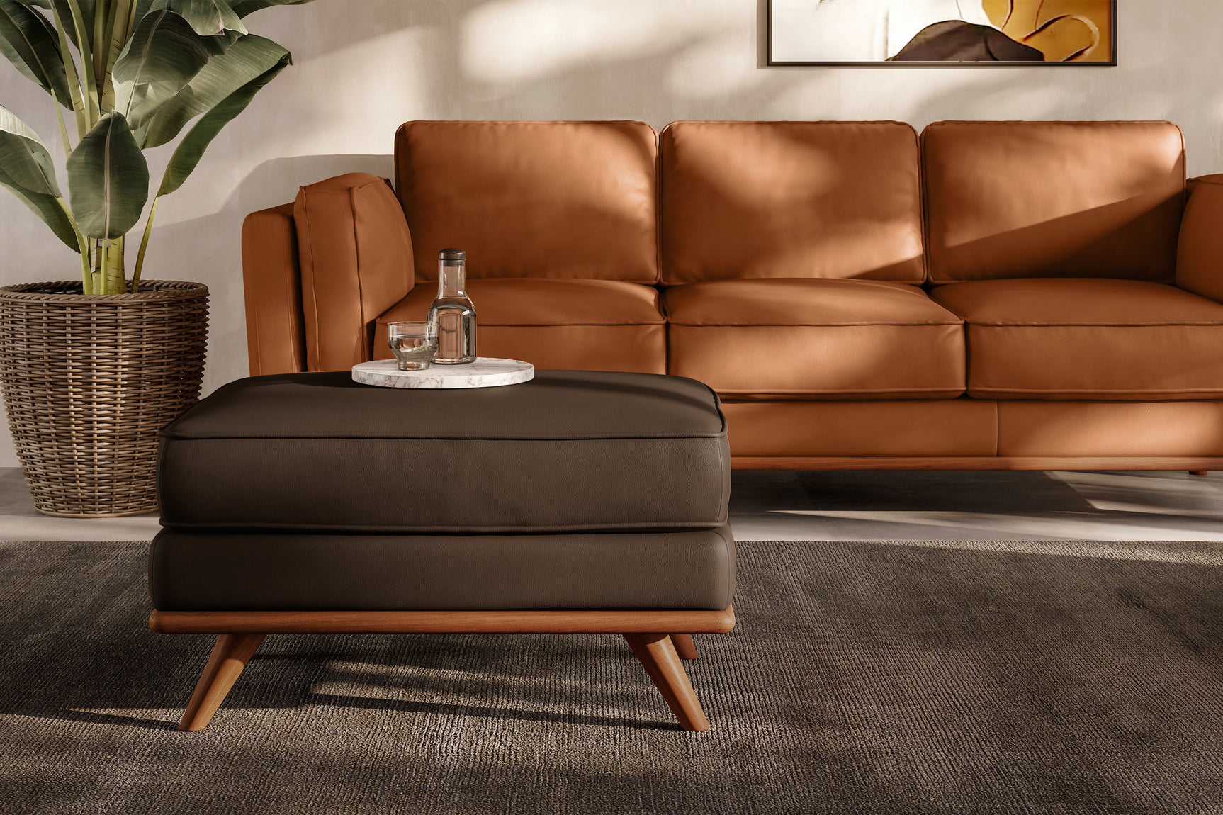 Valencia Artisan Top Grain Leather Ottoman, Chocolate Color