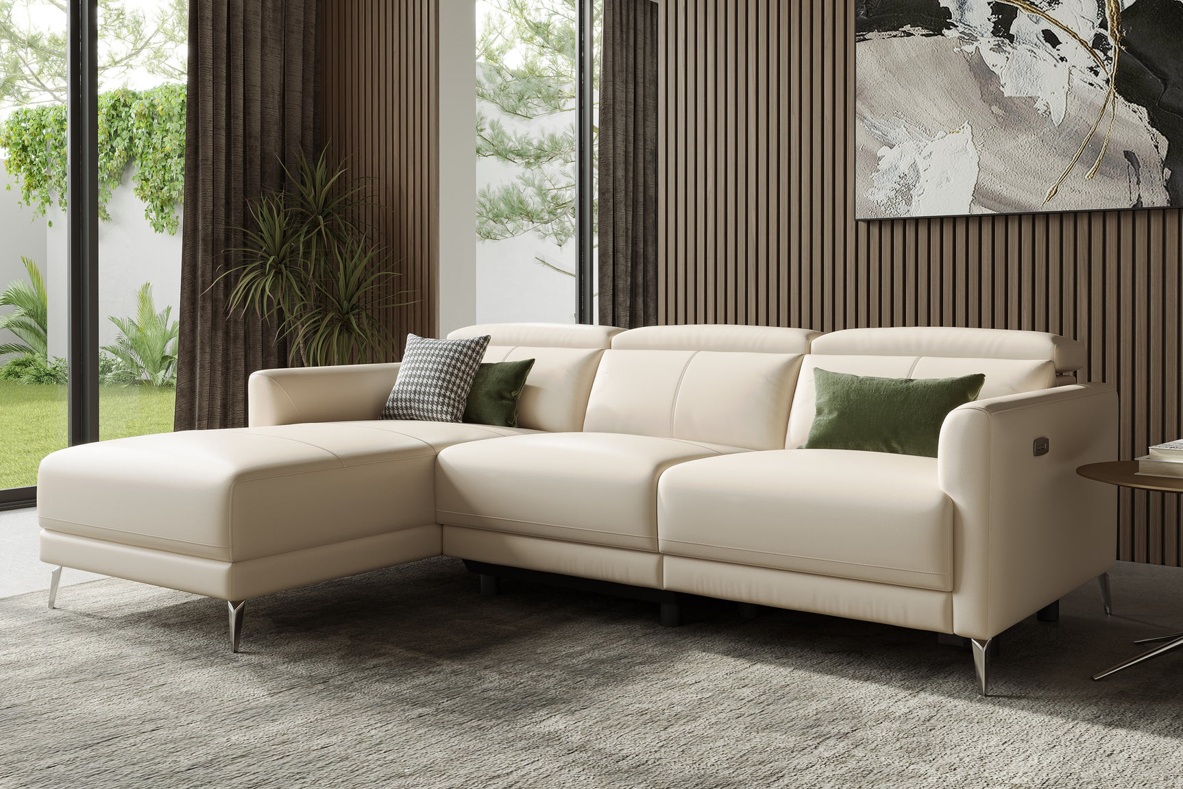 Valencia Andria Modern Left Hand Facing Top Grain Leather Reclining Sectional Sofa, Beige Color
