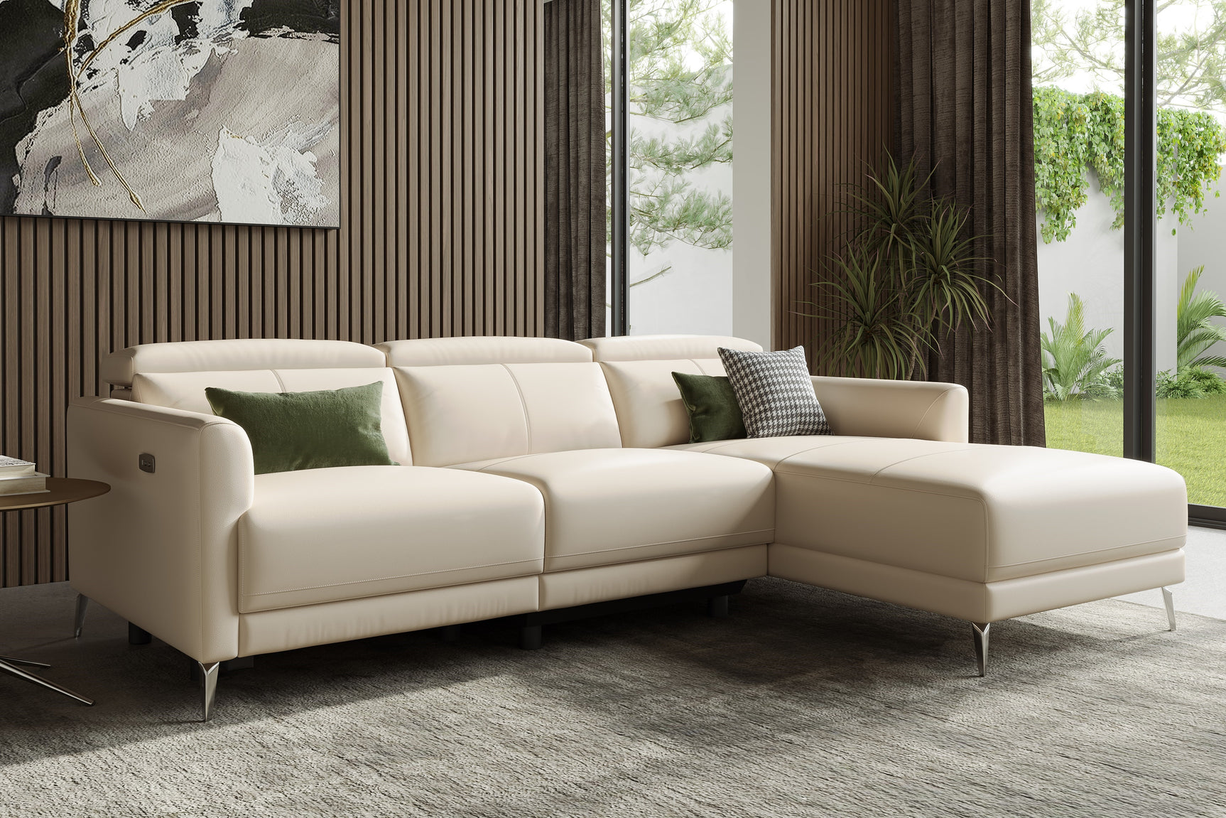 Valencia Andria Modern Right Hand Facing Top Grain Leather Reclining Sectional Sofa, Beige Color
