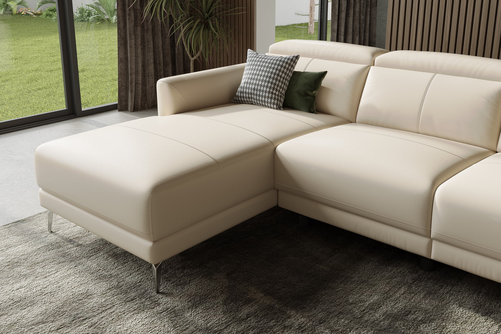 Valencia Andria Modern Left Hand Facing Top Grain Leather Reclining Sectional Sofa, Beige Color