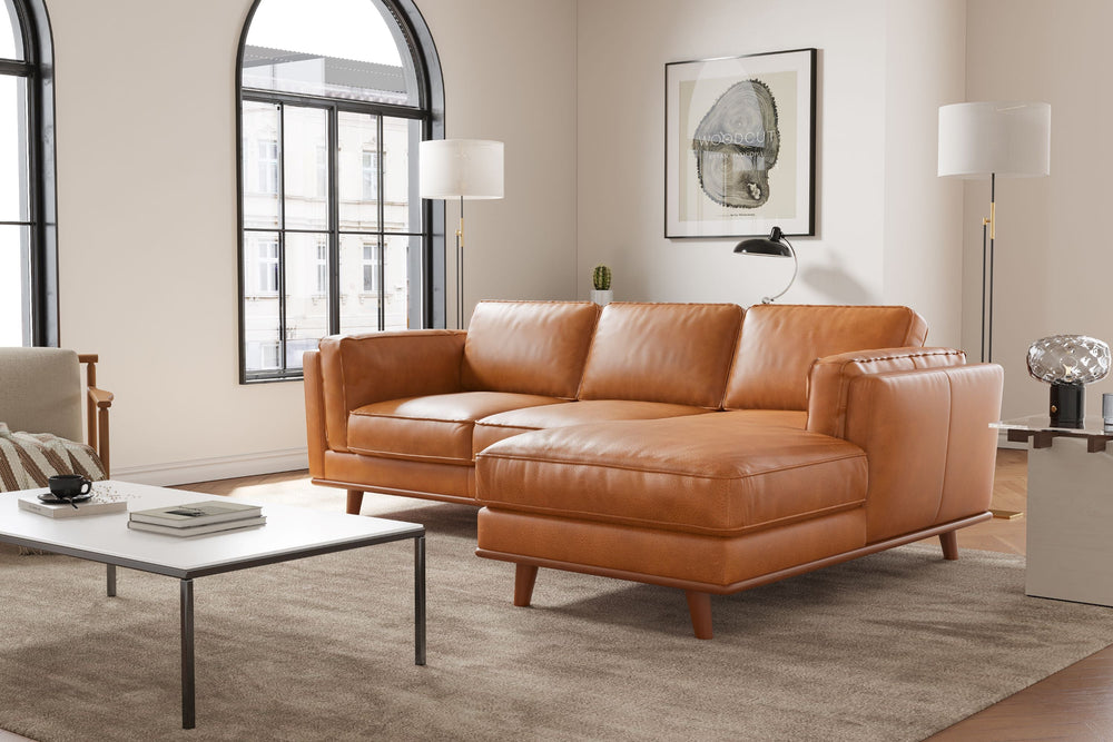 Valencia Artisan Top Grain Leather Three Seats with Right Chaise Leather Sofa, Cognac