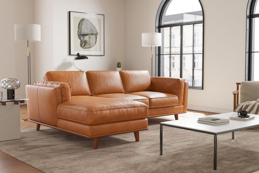 Valencia Artisan Top Grain Leather Three Seats with Left Chaise Leather Sofa, Cognac