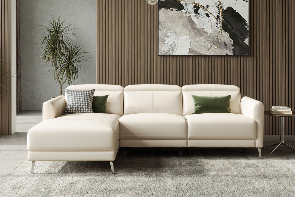 Valencia Andria Modern Left Hand Facing Top Grain Leather Reclining Sectional Sofa, Beige Color