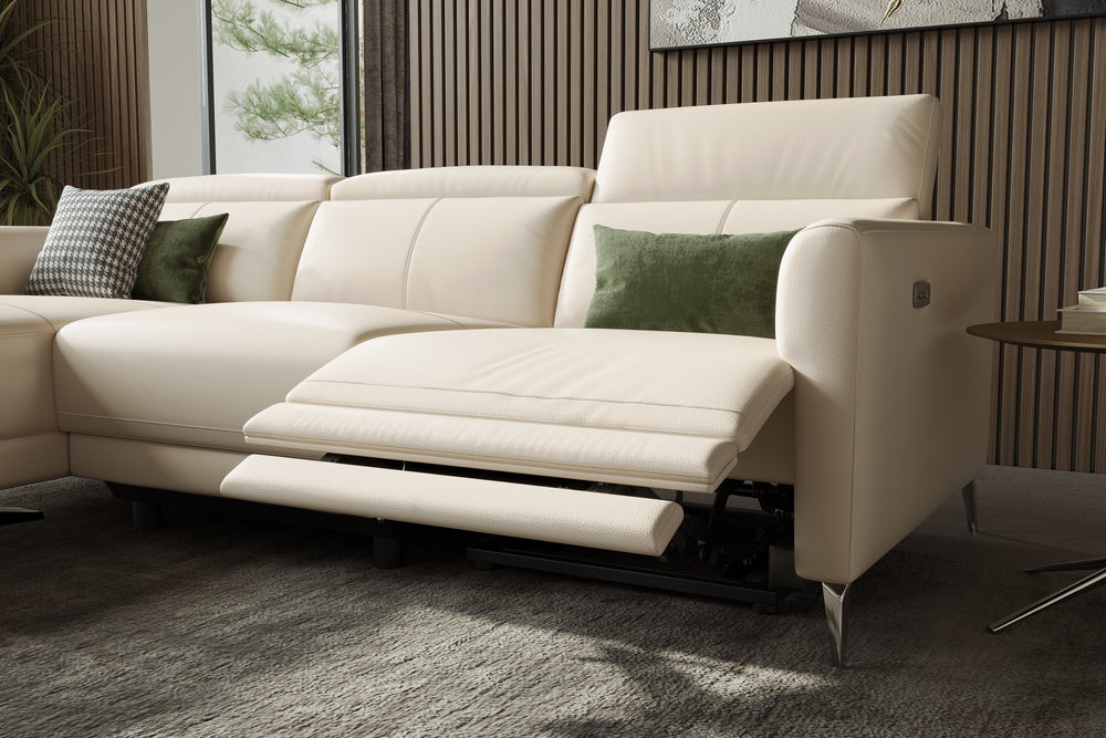 Valencia Andria Modern Left Hand Facing Top Grain Leather Reclining Sectional Sofa, Beige Color
