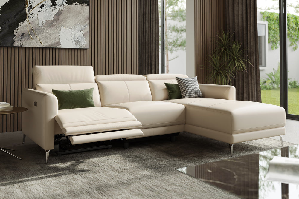 Valencia Andria Modern Right Hand Facing Top Grain Leather Reclining Sectional Sofa, Beige Color