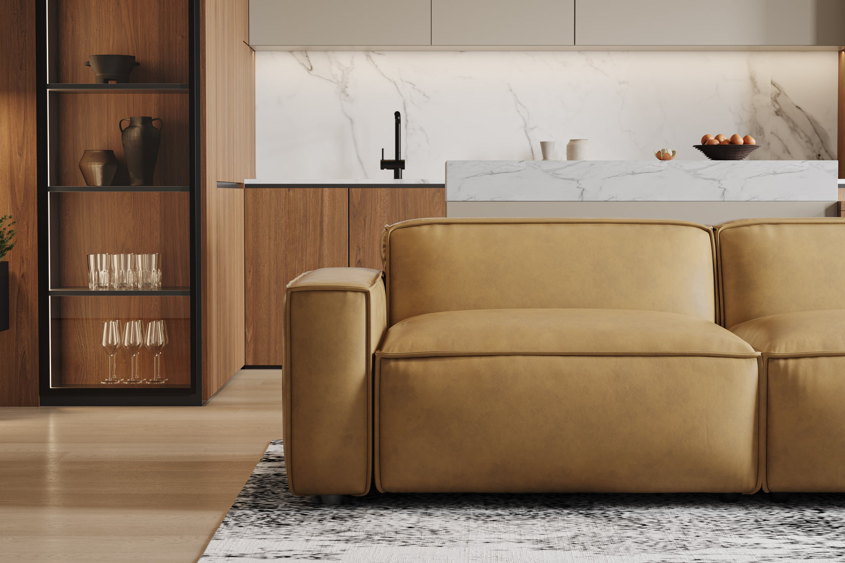 Valencia Nathan Full Aniline Leather Lounge Modular Sofa, Three Seats with Right Chaise, Caramel Brown Color