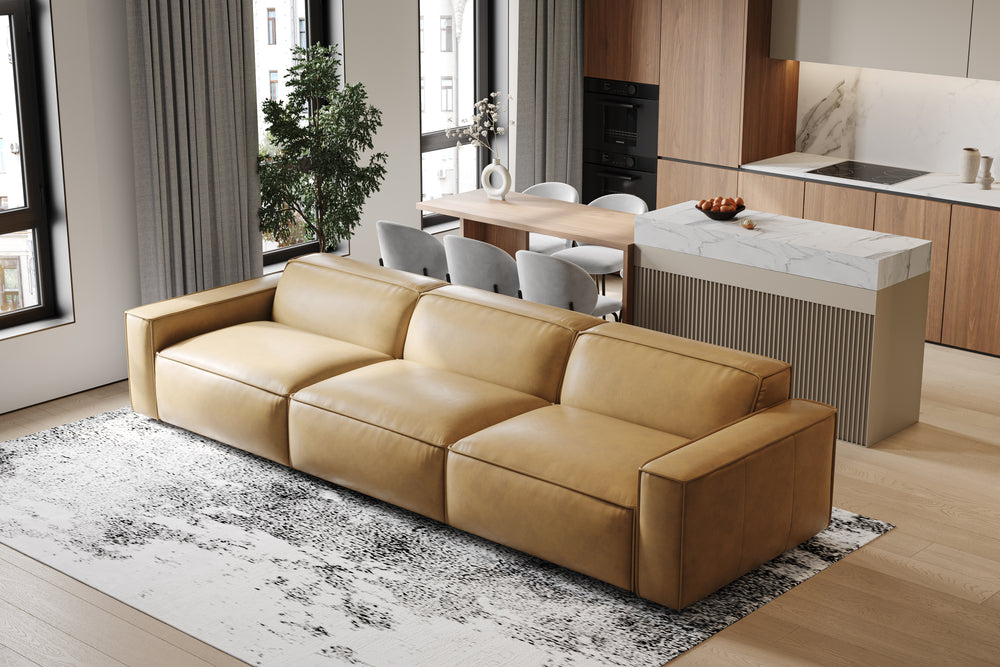Valencia Nathan Full Aniline Leather Lounge Modular Sofa, Three Seats, Caramel Brown Color