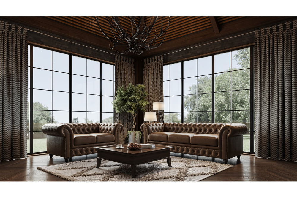 Valencia Parma 82" Full Aniline Leather Chesterfield Three Seats Sofa, Chocolate Color