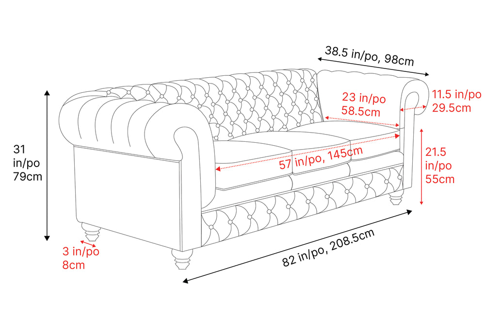 Valencia Parma 82" Full Aniline Leather Chesterfield Three Seats Sofa, Chocolate Color