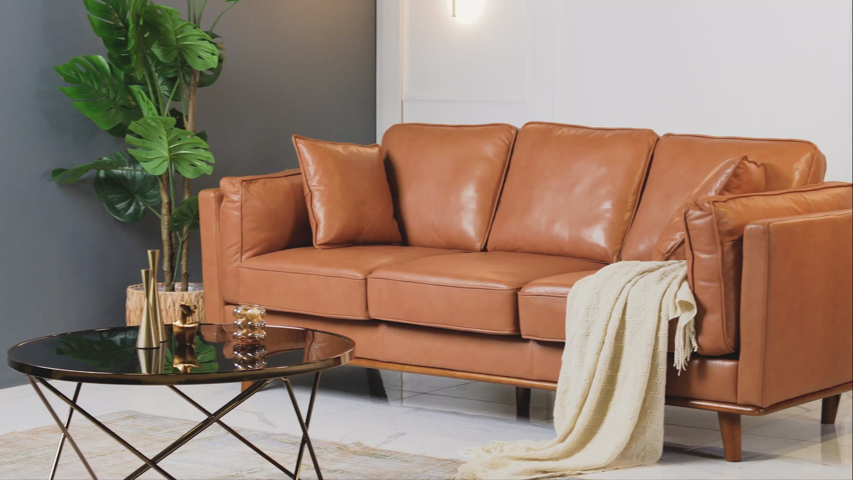 Valencia Artisan Wide Three Seats Leather Sofa, Cognac Color