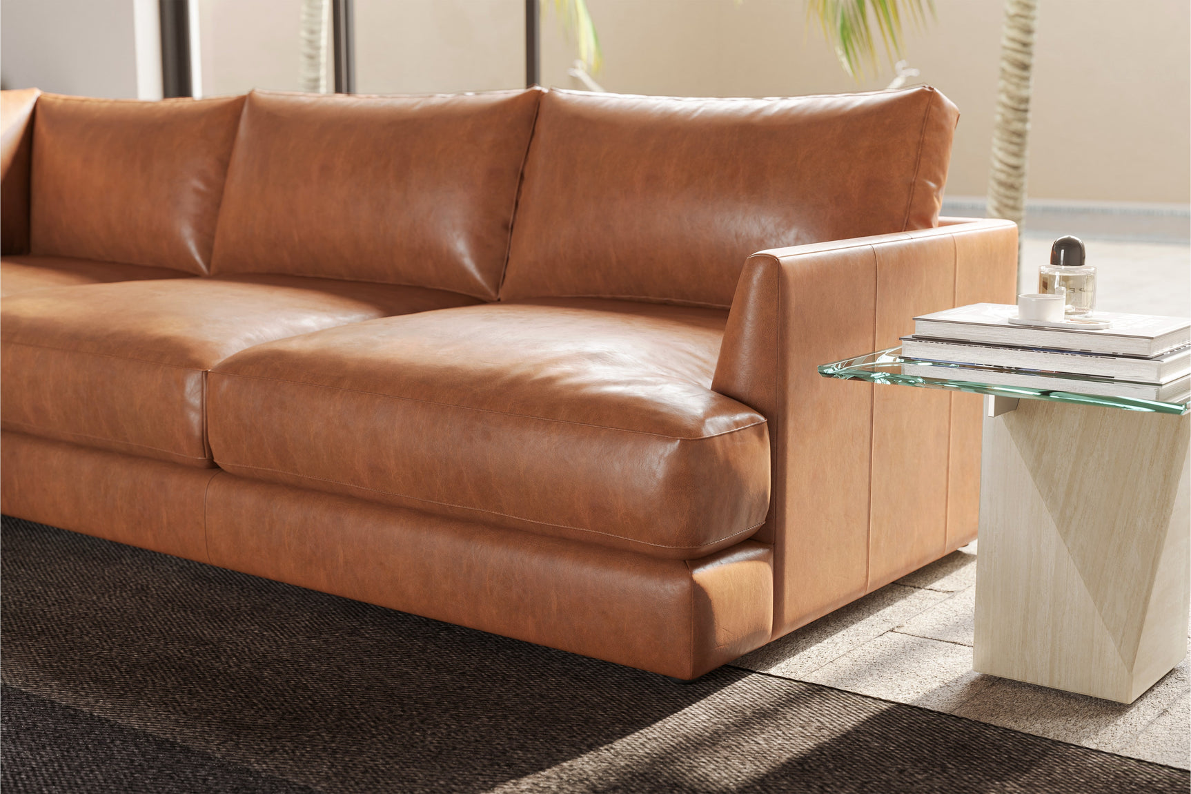 Valencia Serena Leather L-shape with Left Chaise Sectional Sofa, Cognac