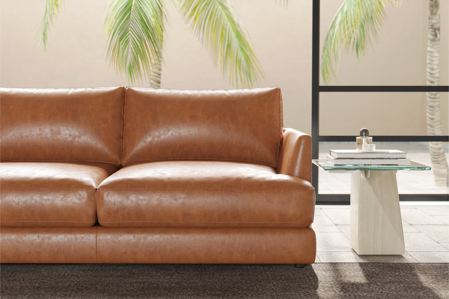Valencia Serena Leather L-shape with Left Chaise Sectional Sofa, Cognac