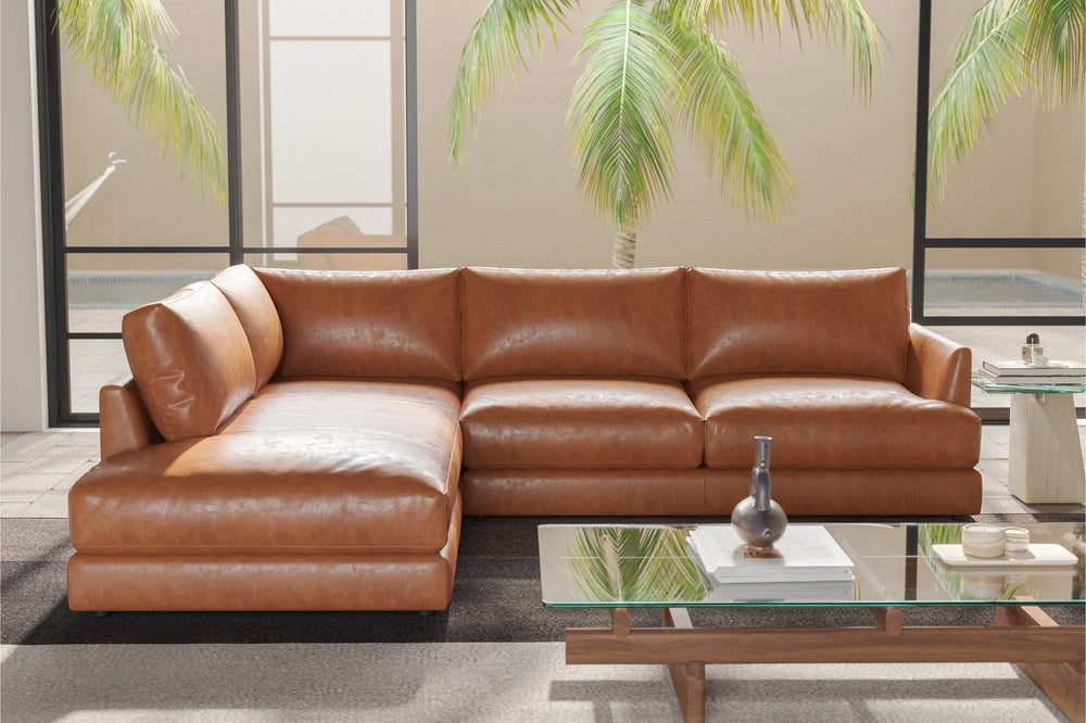 Valencia Serena Leather L-shape with Left Chaise Sectional Sofa, Cognac