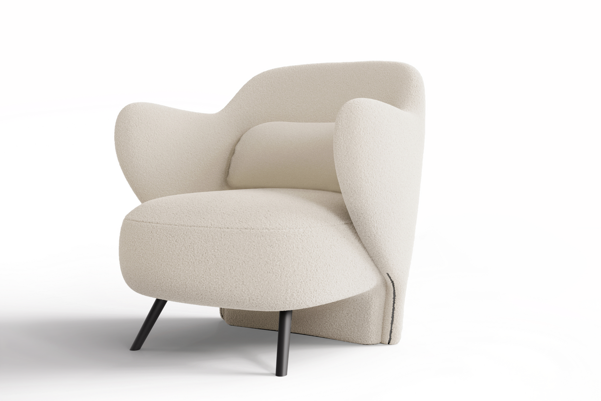 Right-Side's Acute Angle Front View of A Luxurious, Cream, Hardwood Frame, Sleek Black Steel Legs, Erica Boucle Single Decorative Chair.
