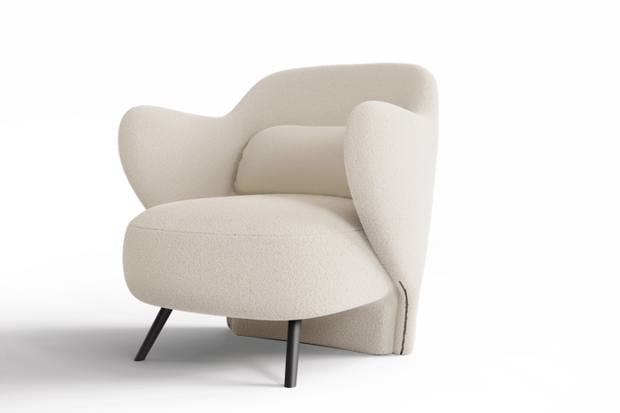 Right-Side's Acute Angle Front View of A Luxurious, Cream, Hardwood Frame, Sleek Black Steel Legs, Erica Boucle Single Decorative Chair.
