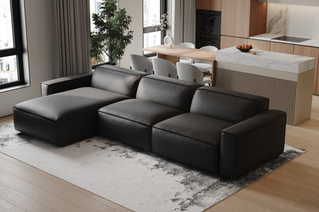 Valencia Nathan Full Aniline Leather Lounge Modular Sofa, Three Seats With Left Chaise, Black Color