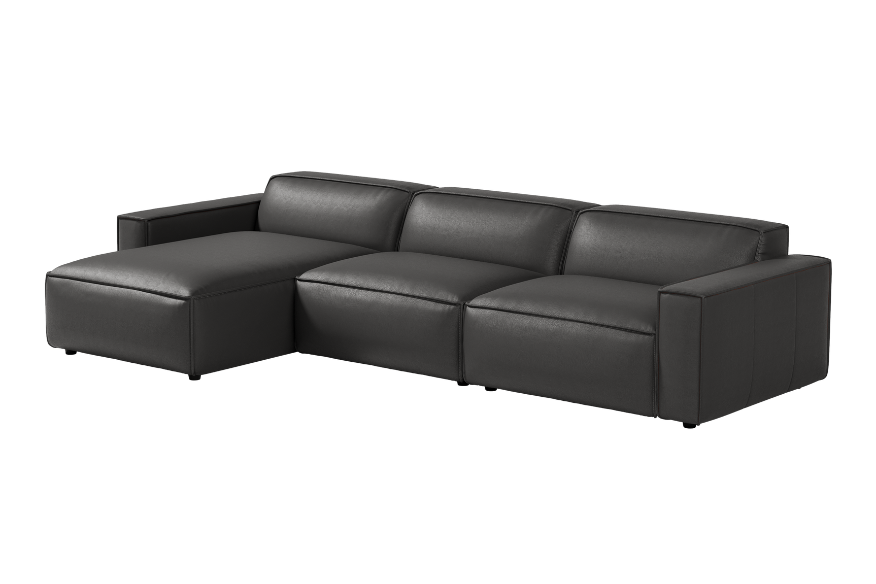 Valencia Nathan Full Aniline Leather Lounge Modular Sofa, Three Seats With Left Chaise, Black Color