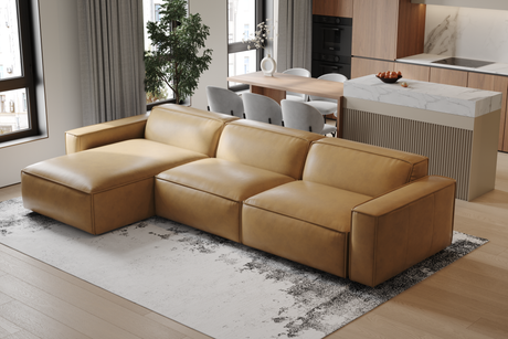 Valencia Nathan Full Aniline Leather Lounge Modular Sofa, Three Seats With Left Chaise, Caramel Brown Color