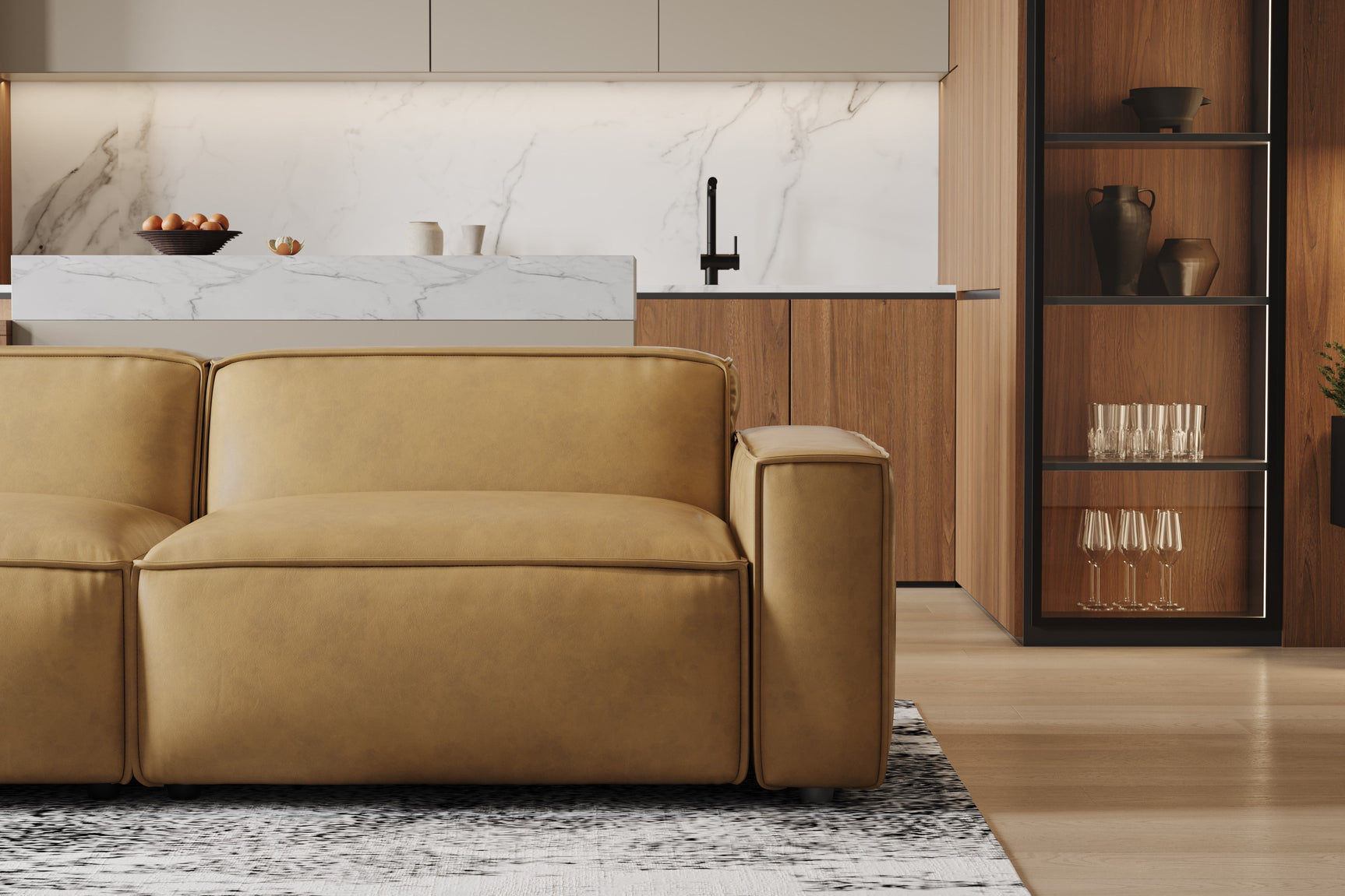 Valencia Nathan Full Aniline Leather Lounge Modular Sofa, Three Seats With Left Chaise, Caramel Brown Color